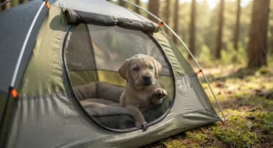 Close up of a dog tent for camping showing mesh windows for ventilation.