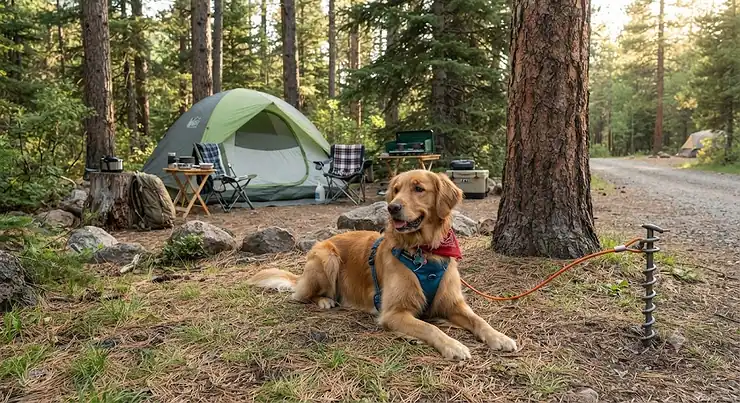 A golden retriever securely tethered with a dog tie out for camping at a wooded national park campsite.