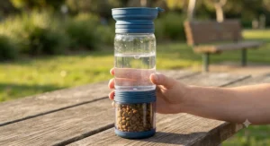 A 2-in-1 portable dog water bottle and snack container with kibble stored in the bottom compartment.