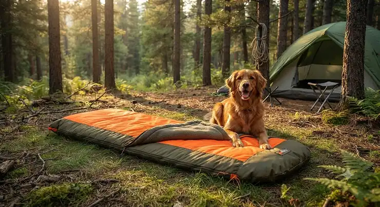 A durable dog sleeping bag laid out at a campsite in the woods.