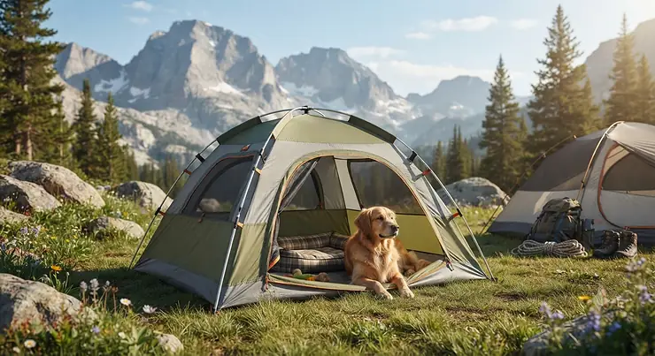 A durable dog tent for camping set up on a grassy campsite with mountain views.