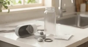 A disassembled portable dog water bottle showing the detachable trough and easy-wash components on a kitchen counter.