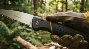 Detailed view of the ergonomic, textured rubber grip on a professional folding saw for camping.