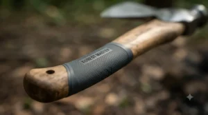 Close-up of a rubberized grip on the best camping hatchet for secure handling.