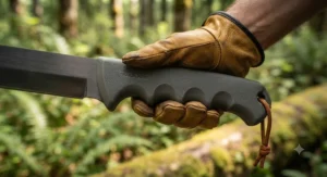 Close-up view of an ergonomic rubber handle on a machete for camping designed for a secure grip.