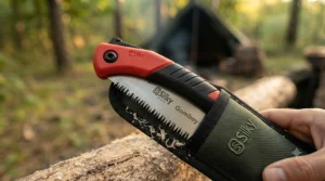 The comfortable, non-slip rubber handle of a Silky saw during outdoor use.