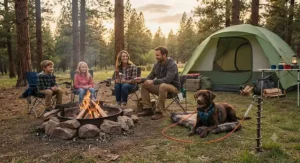 A family sitting around a campfire while their Labrador is safely secured with a dog tie out for camping.