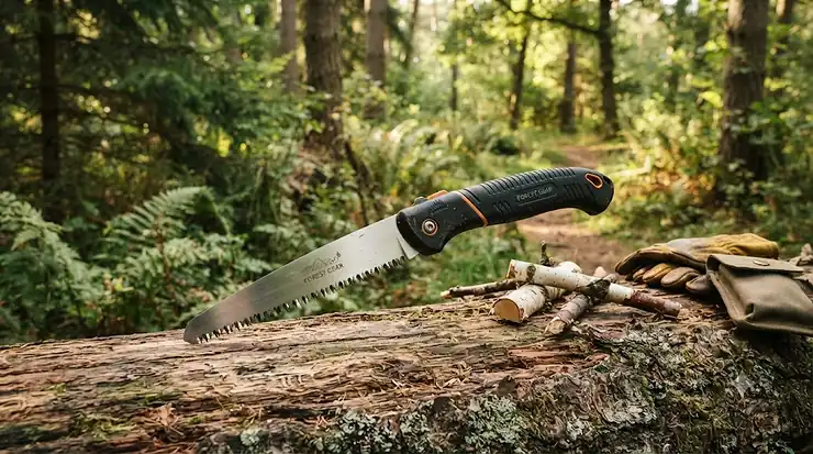 A high-quality folding saw for camping resting on a weathered log in a dense forest setting.