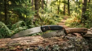 Comparison shot showing a folding saw for camping versus a traditional fixed-blade bushcraft saw.