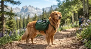 Golden Retriever carrying a properly fitted dog backpack for hiking in a national park.