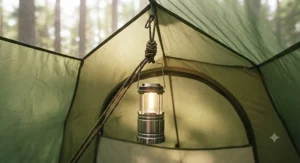 Using strong paracord to hang a lantern inside a camping tent.