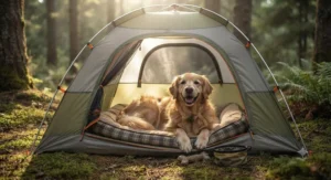 A happy dog resting inside their comfortable dog tent for camping.