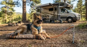 A happy German Shepherd resting comfortably on a padded dog tie out for camping during an RV road trip.