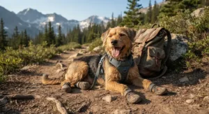A happy mixed-breed dog resting on a backpacker's trail after a long hike wearing durable dog hiking boots.