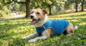 A joyful mixed-breed dog panting happily on the grass while staying cool in a blue dog cooling vest.