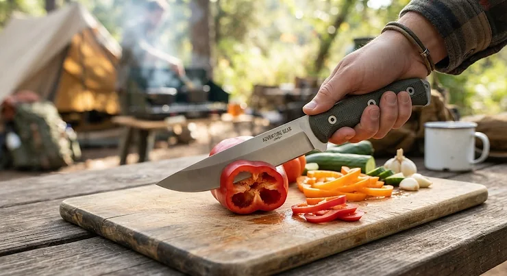A durable camp kitchen knife slicing vegetables on a wooden cutting board at a campsite.