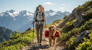 Hiker walking on a scenic mountain trail with a dog wearing a dog first aid kit pack