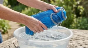 Close-up of hands soaking a blue evaporative dog cooling vest in water before putting it on a pet.
