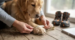 Close-up of a person measuring a dog's paw with a soft tape measure to find the right dog hiking boots size.