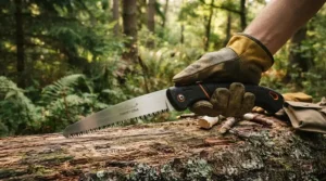 Close-up showing the safe, two-handed method to unlock and open a folding saw for camping.