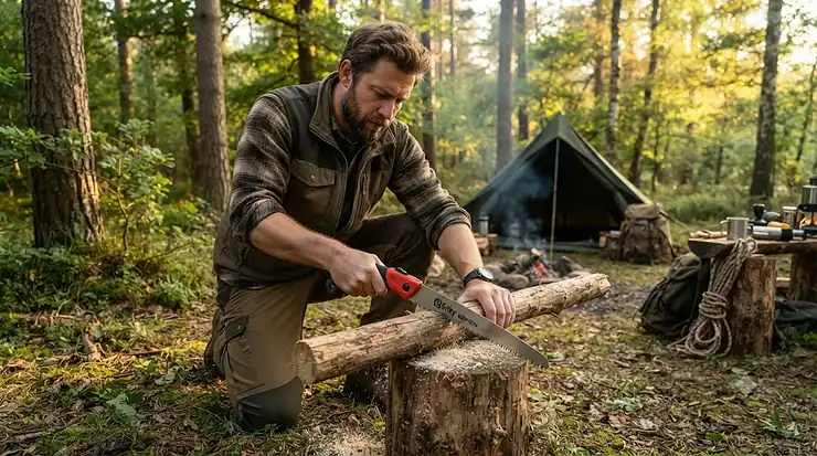 A person using a Silky saw to cut a branch at a campsite. Silky saw review camping