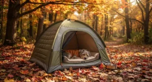 An insulated dog tent for camping set up under colorful fall foliage.