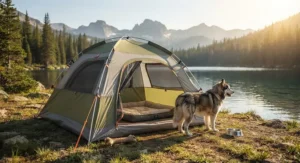 A large breed dog tent for camping situated on the shore of a scenic lake.