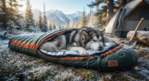 An insulated large dog sleeping bag designed for cold weather outdoor trips.