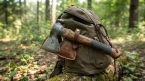 Compact best camping hatchet strapped to the side of a hiking backpack.