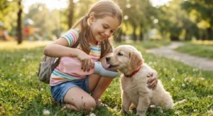 A small, lightweight portable dog water bottle being held by a child while playing with a cute puppy.