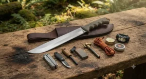 A professional-grade machete for camping laid out with various bushcraft tools on a wooden surface.