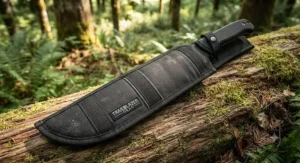 A durable machete for camping stored inside a reinforced nylon protective sheath.