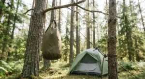 A bear bag food storage system hanging from a tree using durable paracord.