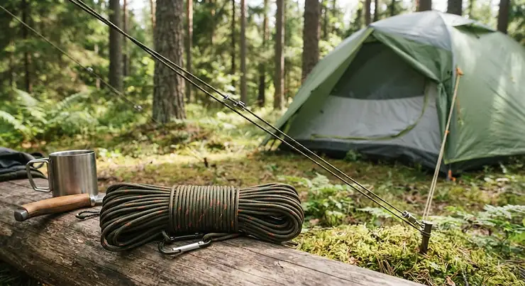 A coiled length of durable paracord for camping gear and emergency use.