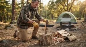 A camper using a machete for camping to safely chop small pieces of firewood at a campsite.