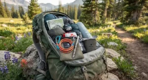 A compact and lightweight dog tie out for camping packed alongside hiking gear and backpacks.
