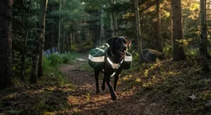 Dog wearing a reflective dog backpack for hiking during an evening walk in the woods.