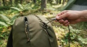 Using paracord to repair broken camping equipment at a campsite.