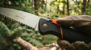 Macro shot of the secure, spring-loaded locking mechanism on a folding saw for camping.