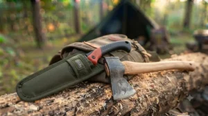 Side-by-side comparison of a Silky saw versus a hatchet for camping tasks.