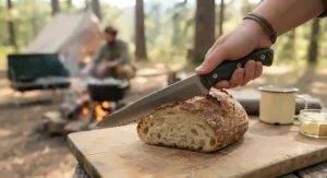 A serrated camp kitchen knife cutting through crusty bread at a campfire cookout.