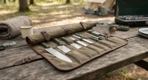 A portable roll-up organizer containing a professional set of camp kitchen knives.