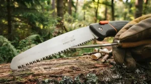 Demonstration of using a small file to sharpen the aggressive teeth of a folding saw for camping.