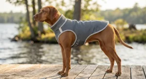 Side profile of a medium-sized dog wearing a grey dog cooling vest with high-visibility reflective trim.