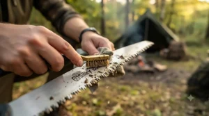 Close-up of the aggressive, impulse-hardened teeth on a Silky saw blade.