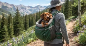 Small dog riding comfortably in an ergonomic dog backpack for hiking and outdoor adventures.