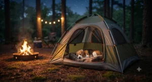 A cozy small dog tent for camping placed next to a warm campfire at night.