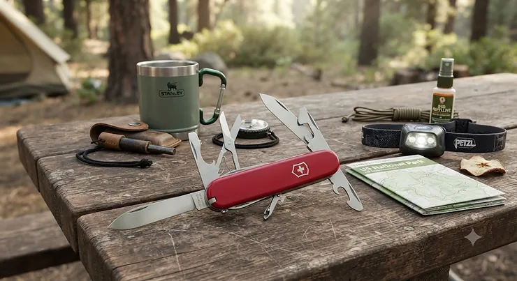 A high-quality Swiss Army knife laid out next to other essential camping gear on a wooden table. Swiss Army knife for camping