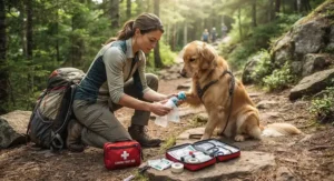 Hiker using supplies from a dog first aid kit to bandage a dog's paw on a trail