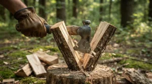A person using the best camping hatchet to split small logs for a campfire.
